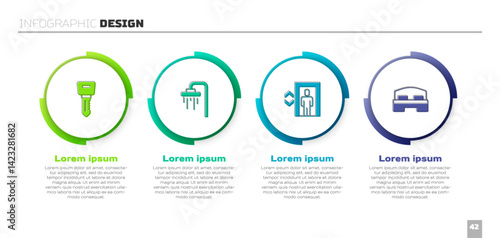 Set Hotel door lock key, Shower, Lift and room bed. Business infographic template. Vector