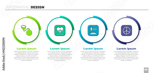 Set Ball on chain, Heart rate, Judge gavel and Peace. Business infographic template. Vector