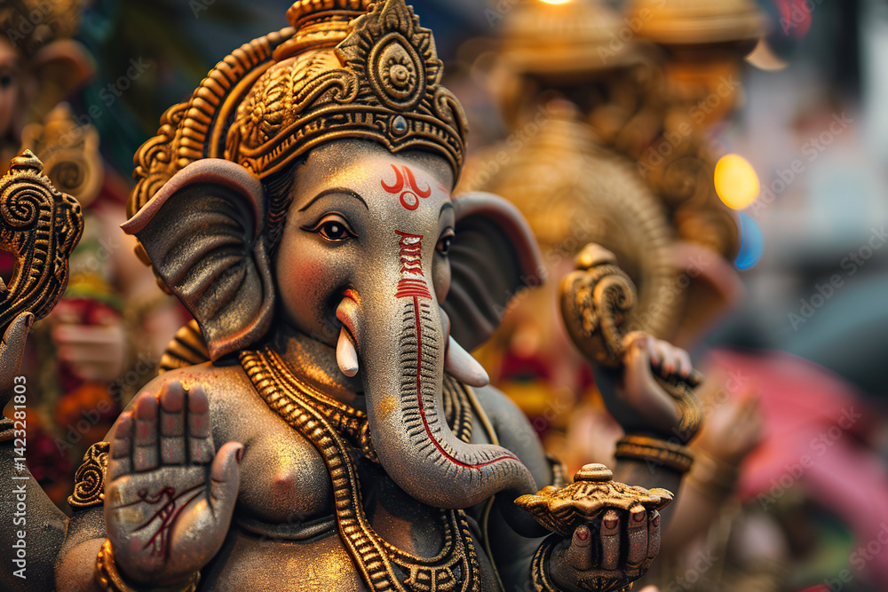 Fototapeta premium Bright holiday composition for happy Ganesh Chaturthi, abstract vivid composition consists of fictional unreal fantastic vision on background