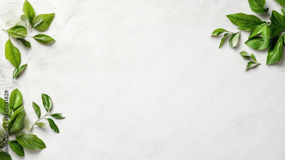 Fresh green leaves scattered on a white surface, minimalist composition with natural elements, bright and clean background, and botanical concept. Fresh green leaves scattered on a white surface, minimalist composition with natural elements, bright and clean background, and botanical concept.