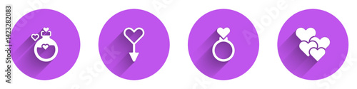 Set Bottle with love potion, Female gender symbol, Wedding rings and Heart icon with long shadow. Vector