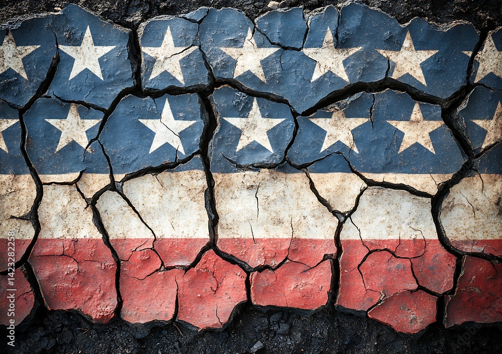 US Flag on Dry Earth Cracks