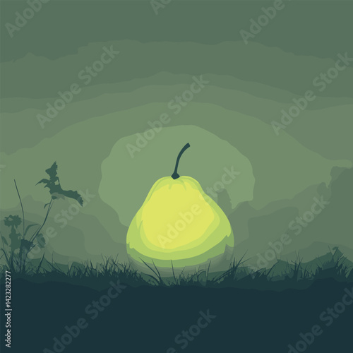 Glowing pear in misty landscape at twilight