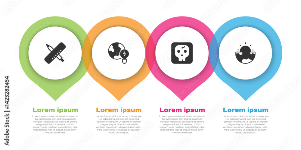 Set Crossed ruler and pencil, Global planet with bulb, Archeology and Earth core structure crust. Business infographic template. Vector Set Crossed ruler and pencil, Global planet with bulb, Archeology and Earth core structure crust. Business infographic template. Vector