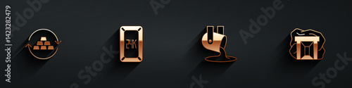 Set Gold exchange money, bars 24k, Molten gold being poured and mine icon with long shadow. Vector