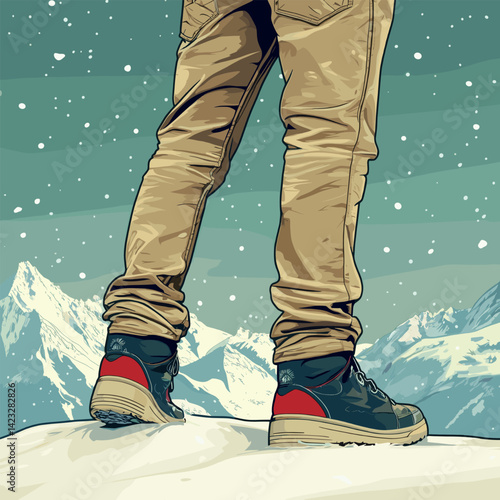 Young caucasian male exploring snowy mountain landscape in winter attire