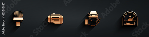 Set Car air filter, Check engine, Auto service check automotive and Motor gas gauge icon with long shadow. Vector