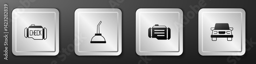 Set Check engine, Canister for motor machine oil, and Car icon. Silver square button. Vector