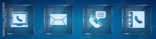 Set Telephone 24 hours support, Mail and e-mail, conversation and Phone book. Square glass panels. Vector