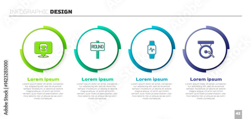 Set Boxing helmet, ring board, Smart watch with heart and gong. Business infographic template. Vector
