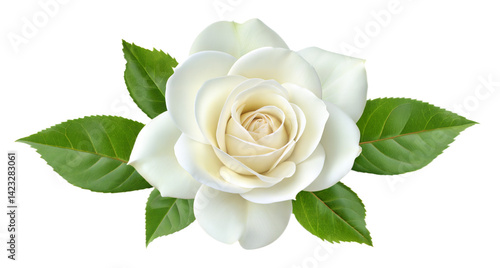 Elegant white rose with vibrant green leaves in a detailed high resolution digital illustration