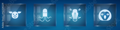 Set Pig, Octopus, Wild boar head and Owl bird. Square glass panels. Vector