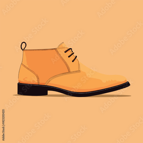Orange suede desert boot with black laces on beige background
