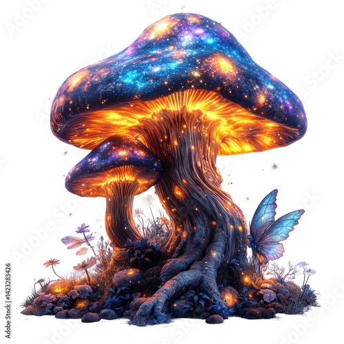 Magical mushroom glow enchanted forest fantasy art nature close-up. Isolated on transparent background, png.