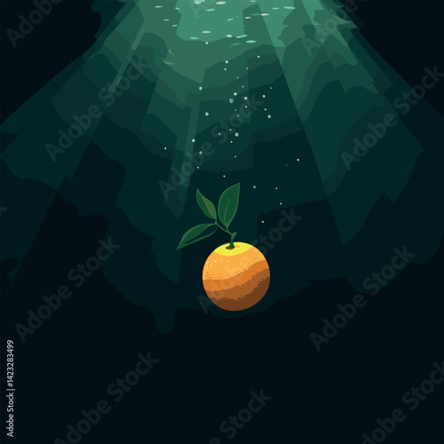 Orange with leaves submerged underwater with sunlight rays