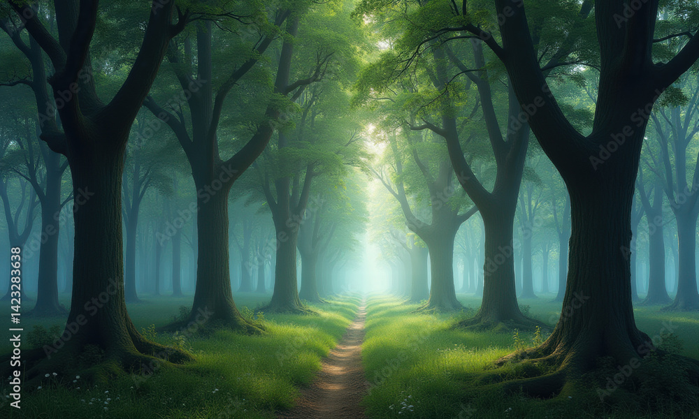 Misty Forest Path, Sunlight Trees - Mystical/Fantasy Misty Forest Path, Sunlight Trees - Mystical/Fantasy