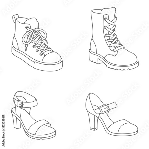Various shoes in different styles and colors displayed in rows on a blue background. Concept of fashion shoes. Vector illustration