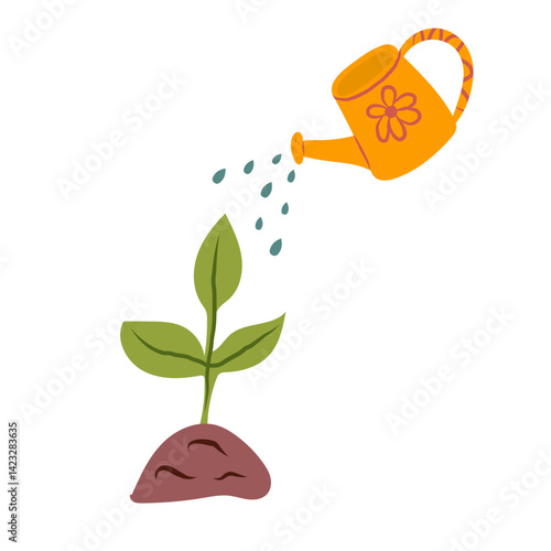 Hand holding watering can watering plant in pot, flat design vector