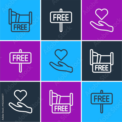 Set line Free overnight stay house, Heart in hand and sign icon. Vector