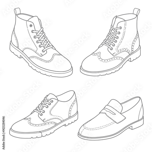 Various shoes in different styles and colors displayed in rows on a blue background. Concept of fashion shoes. Vector illustration