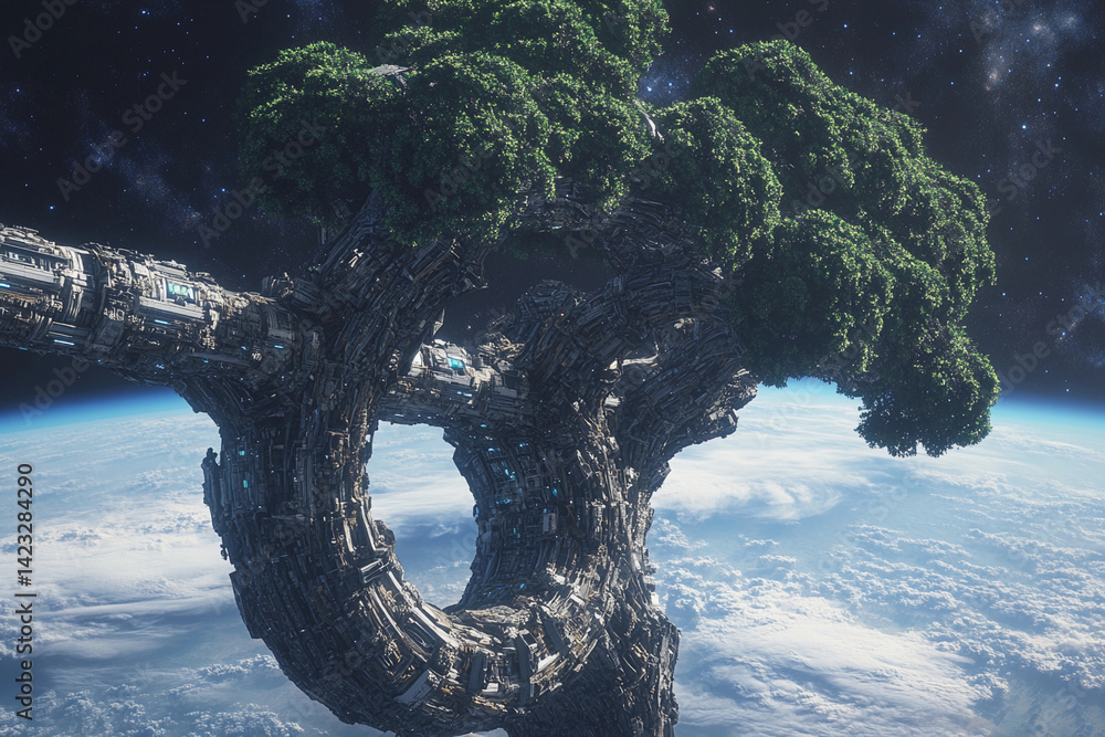 Fototapeta premium Floating tree city in space showcases futuristic architecture amid the cosmos