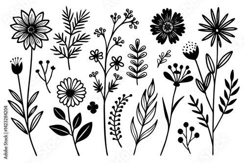 Floral Collection: An enchanting illustration featuring a curated collection of delicate flowers and botanical elements. Showcasing the elegant intricacies of floral design.