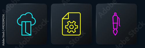 Set line Cloud database, Fountain pen nib and Document settings. Black square button. Vector