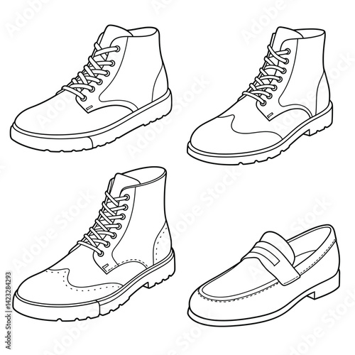 Various shoes in different styles and colors displayed in rows on a blue background. Concept of fashion shoes. Vector illustration