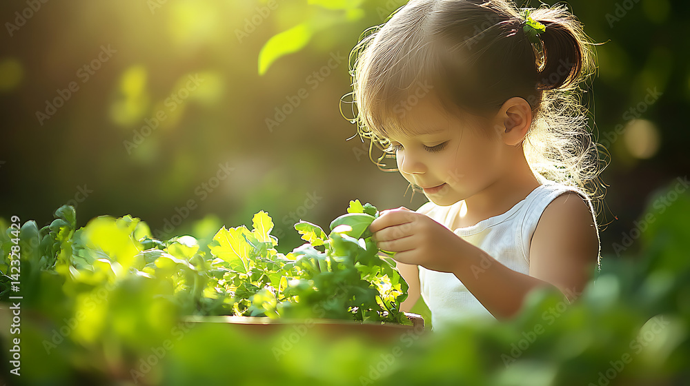 Sweet young girl engaged in nurturing plants in a garden filled with vibrant greenery and sun Sweet young girl engaged in nurturing plants in a garden filled with vibrant greenery and sun