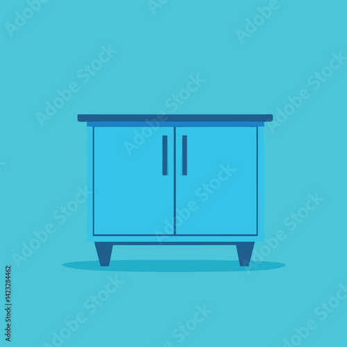 Blue minimalist cabinet on teal background with reflection
