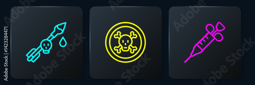 Set line Poison on the arrow, Syringe and Bones and skull. Black square button. Vector