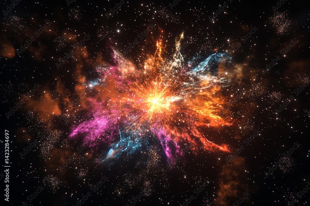 Fototapeta premium Cosmic explosion showcasing vibrant colors and swirling particles in deep space