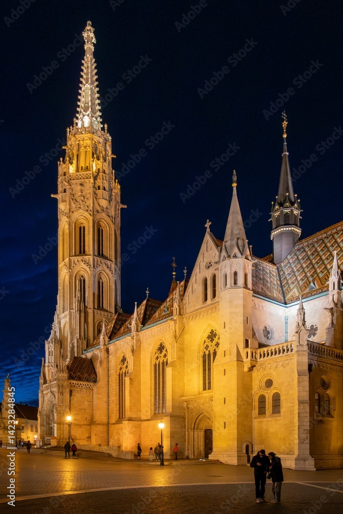 Obraz premium Illuminated Matthias Church in Budapest at night.