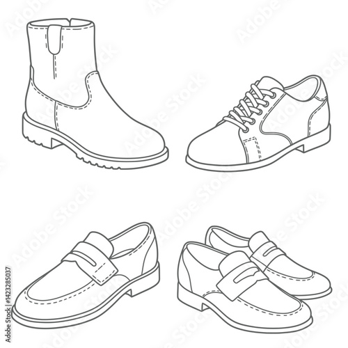 Various shoes in different styles and colors displayed in rows on a blue background. Concept of fashion shoes. Vector illustration
