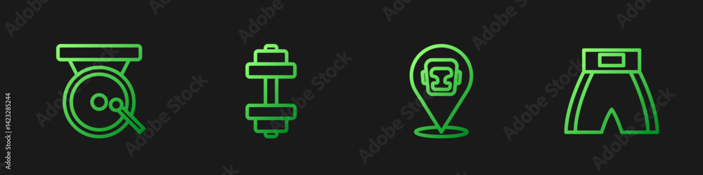 Set line Boxing helmet, gong, Dumbbell and short. Gradient color icons. Vector Set line Boxing helmet, gong, Dumbbell and short. Gradient color icons. Vector