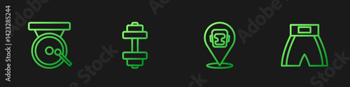 Set line Boxing helmet, gong, Dumbbell and short. Gradient color icons. Vector
