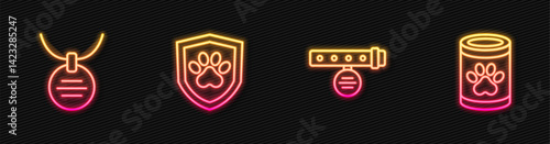 Set line Collar with name tag, Animal health insurance and Canned food. Glowing neon icon. Vector