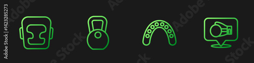 Set line Mouth guard boxer, Boxing helmet, Weight and glove. Gradient color icons. Vector