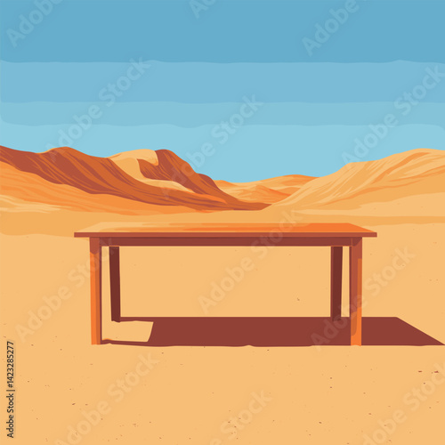 Wooden table in vast desert landscape under clear blue sky