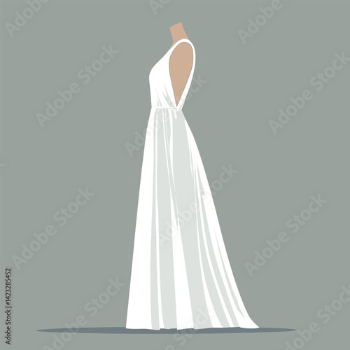 White sleeveless gown on mannequin against gray background