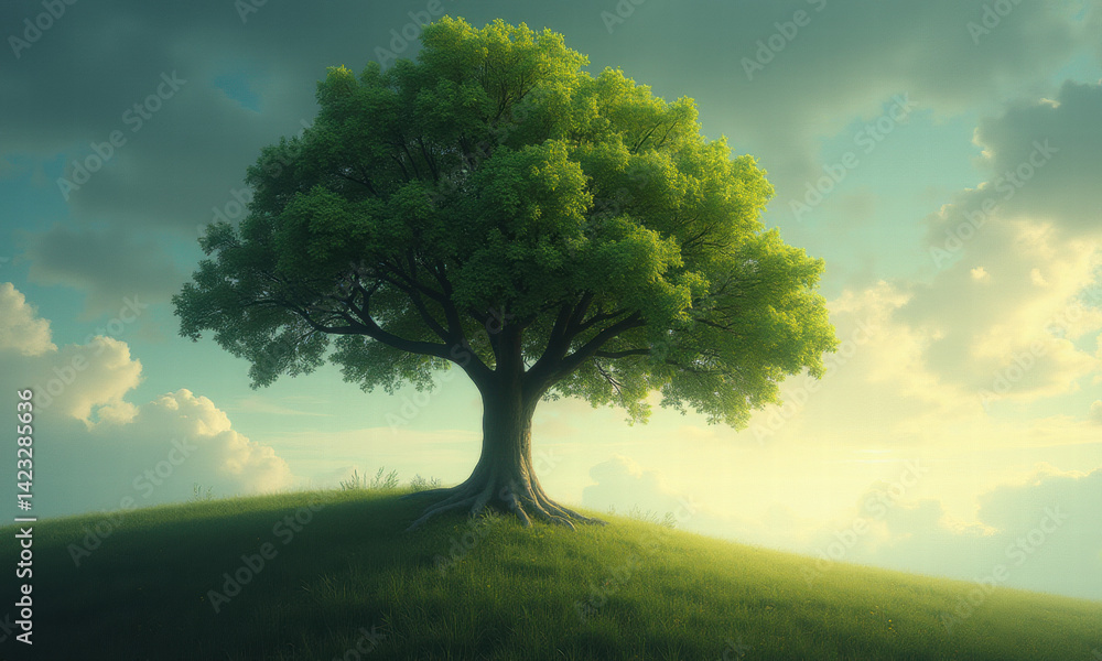 Fototapeta premium Serene Green Tree on Hill, Sunny Sky - -Nature photography/Digital .