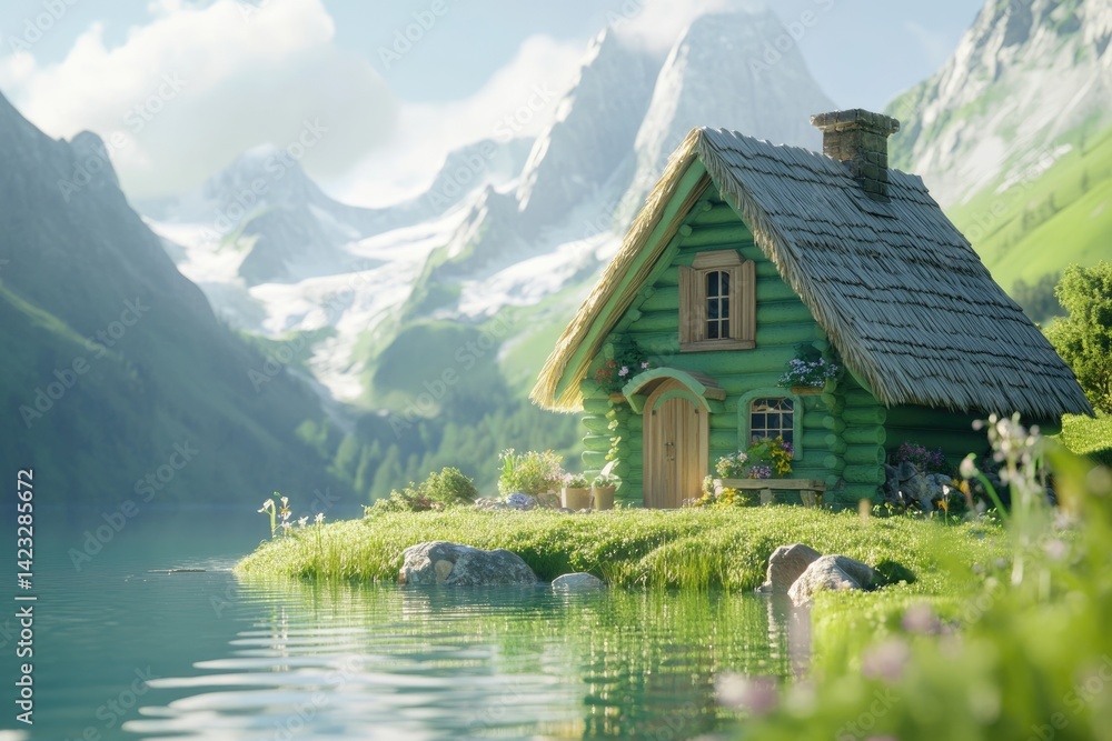 Fototapeta premium A charming green log cabin nestled on a lakeside island, surrounded by lush greenery and majestic mountains.
