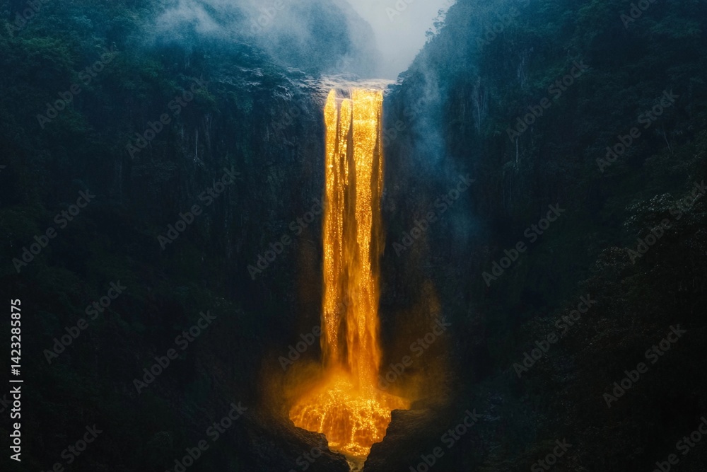 Obraz premium Majestic waterfall cascades golden water into serene pool surrounded by lush greenery during a tranquil afternoon
