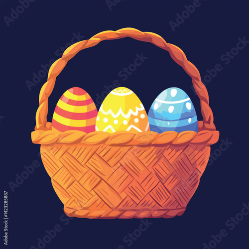 Colorful easter egg basket with decorative patterns on dark background
