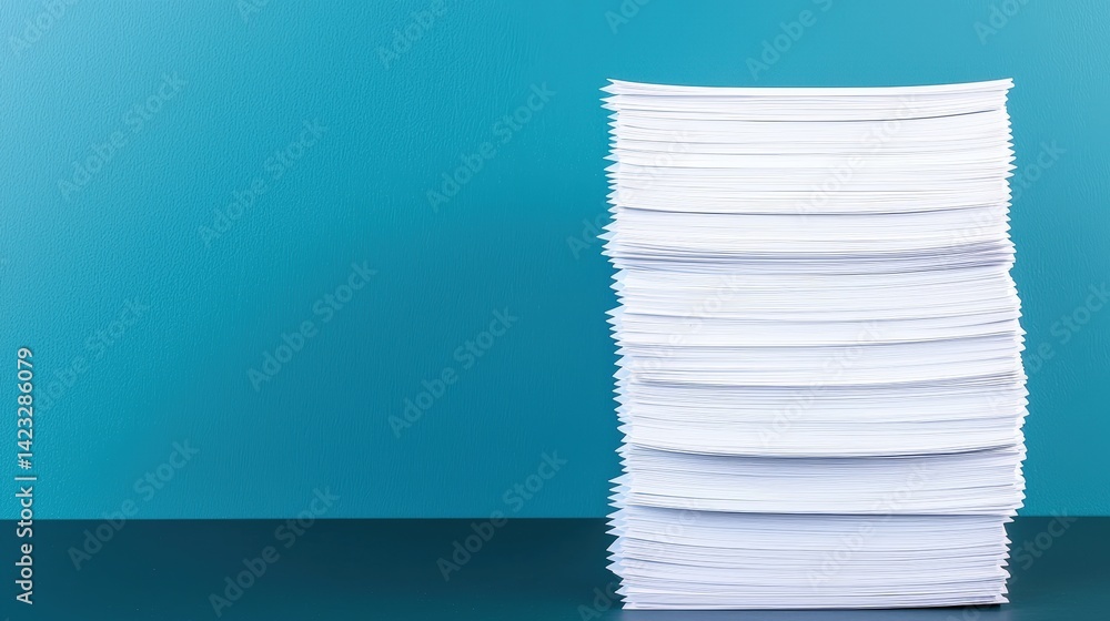 A Tall Stack of Neatly Arranged White Papers Against a Calm Turquoise Background for Professional Use and Office Settings A Tall Stack of Neatly Arranged White Papers Against a Calm Turquoise Background for Professional Use and Office Settings