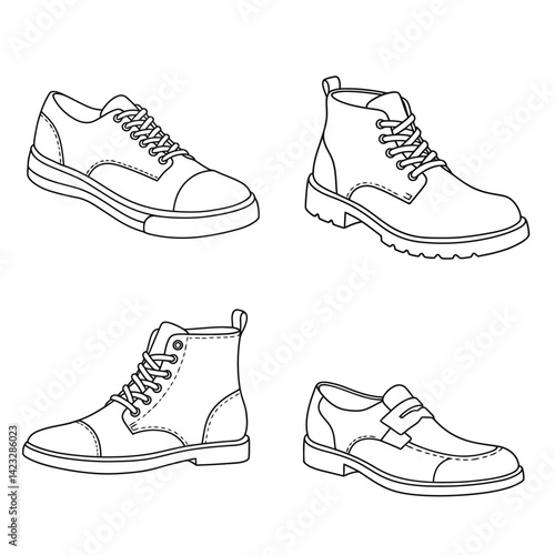 Various shoes in different styles and colors displayed in rows on a blue background. Concept of fashion shoes. Vector illustration