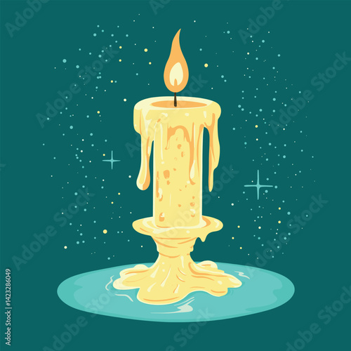 Glowing candle on holder with melting wax and starry background