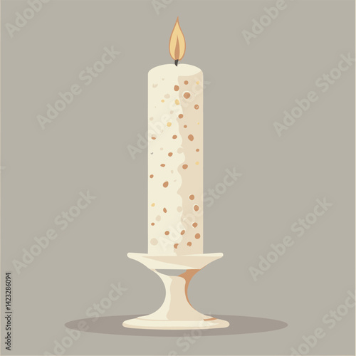 Tall beige candle with flickering flame in simple holder on gray background
