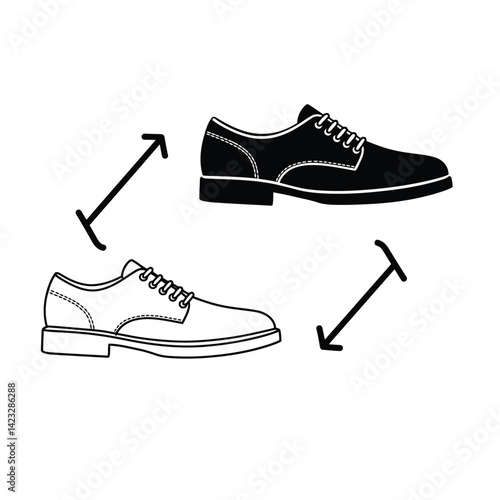 Various shoes in different styles and colors displayed in rows on a blue background. Concept of fashion shoes. Vector illustration
