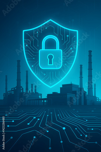Secured smart factory systems with digital cybersecurity shield, encrypted industrial infrastructure ensuring safety of automated production
